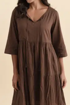 Relaxed Tiered Knee-Length Three-Quarter-Sleeve Cotton A-Line Round-Neck Dress