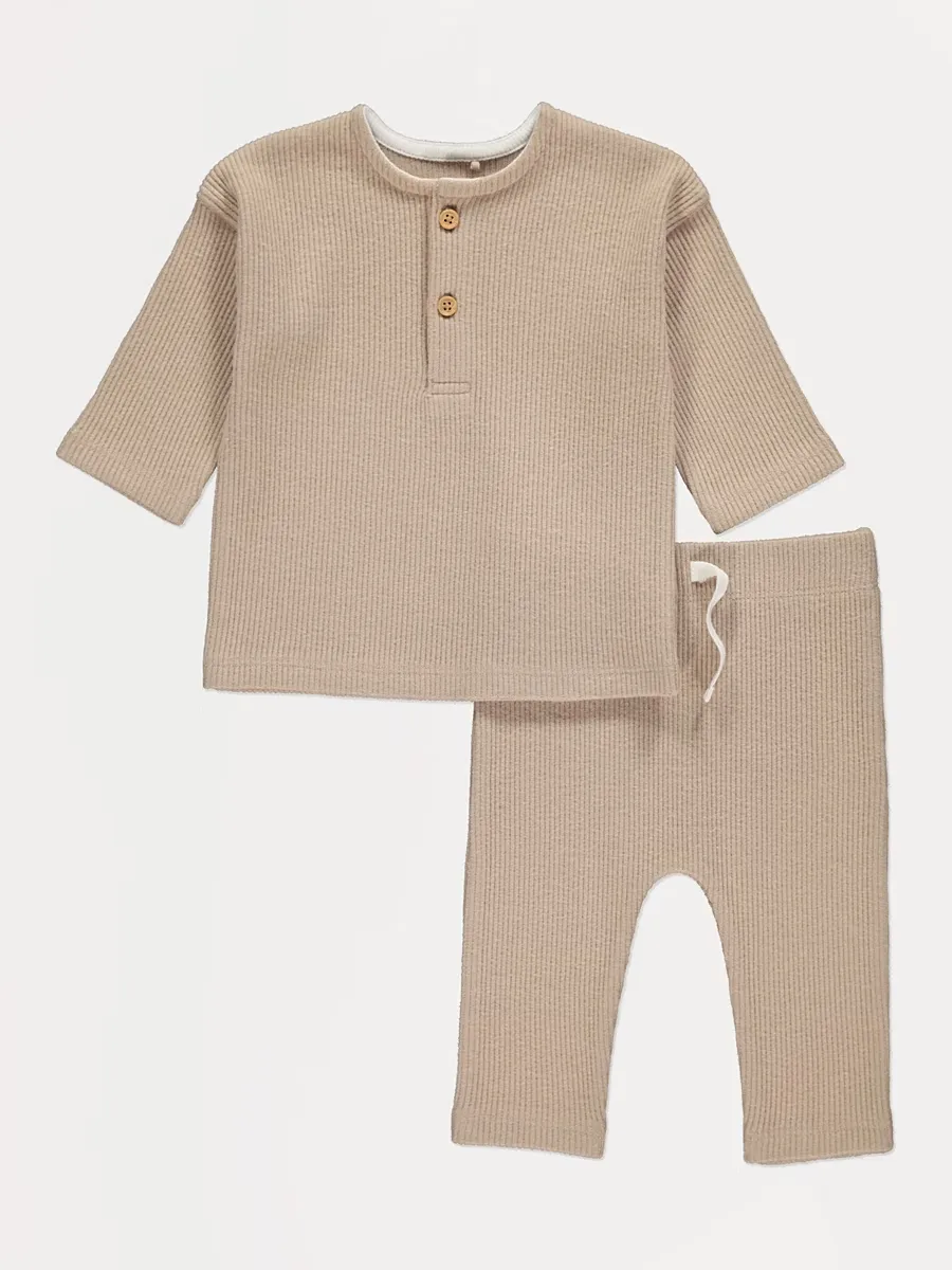 Taupe Ribbed Long Sleeve Top and Leggings Outfit