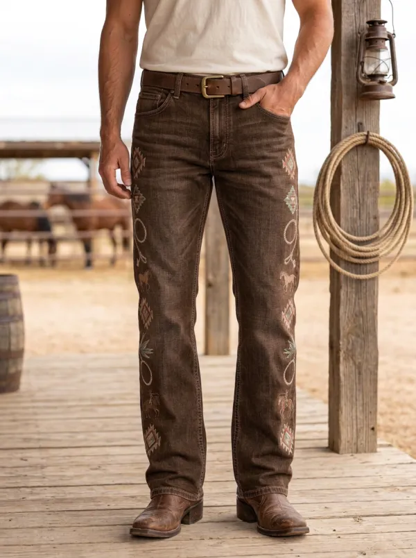 Men's Classic Western Cowboy Horse Lasso Geometric Jeans