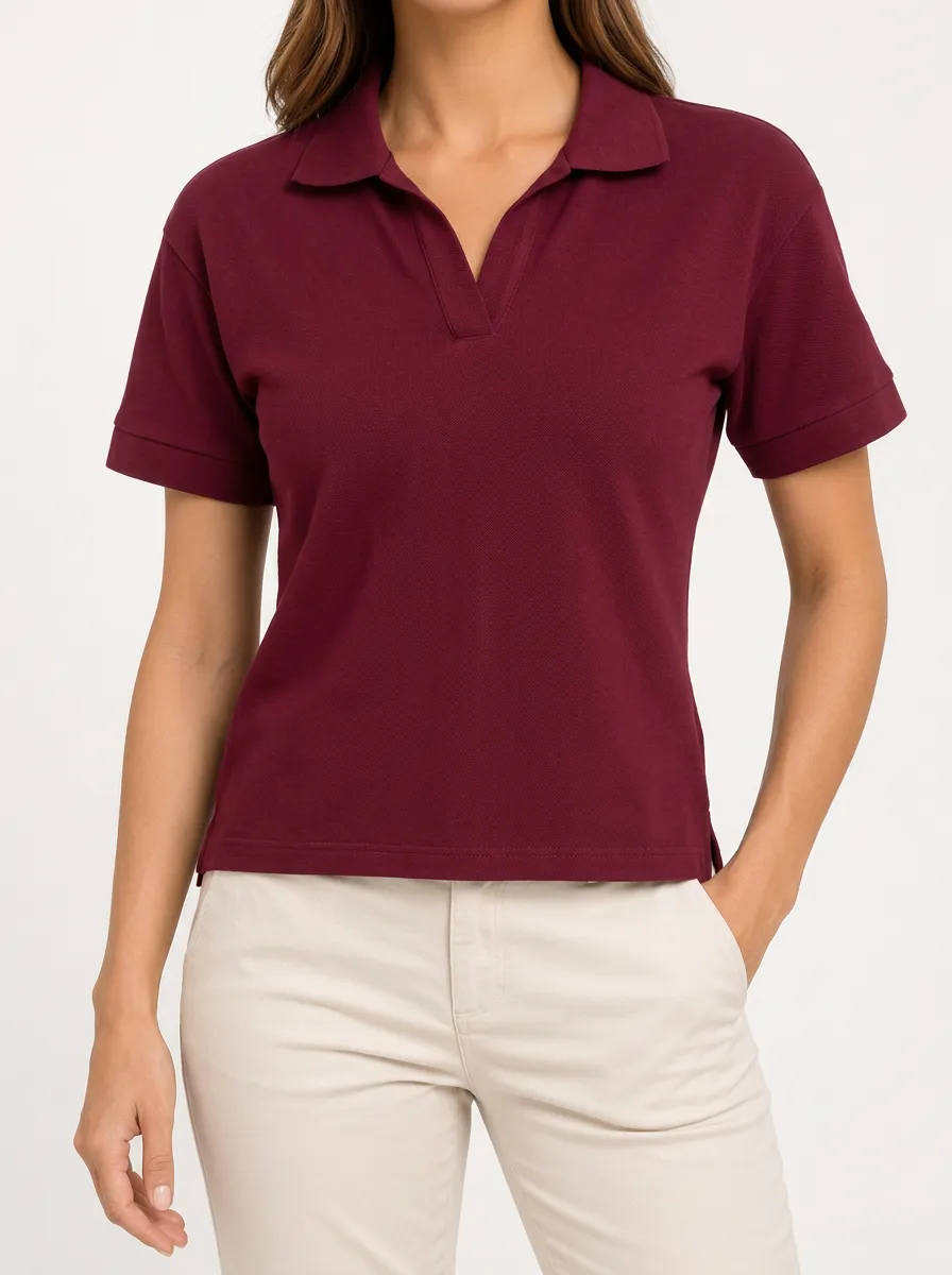 Women's Burgundy Open Neck Polo with a Clean Silhouette