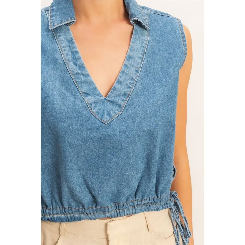 Collared V-Neck Drawstring Tank