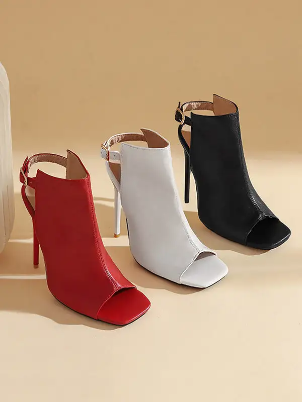 Buckle Peep-Toe Panel Detail Microfiber Heeled Sandals