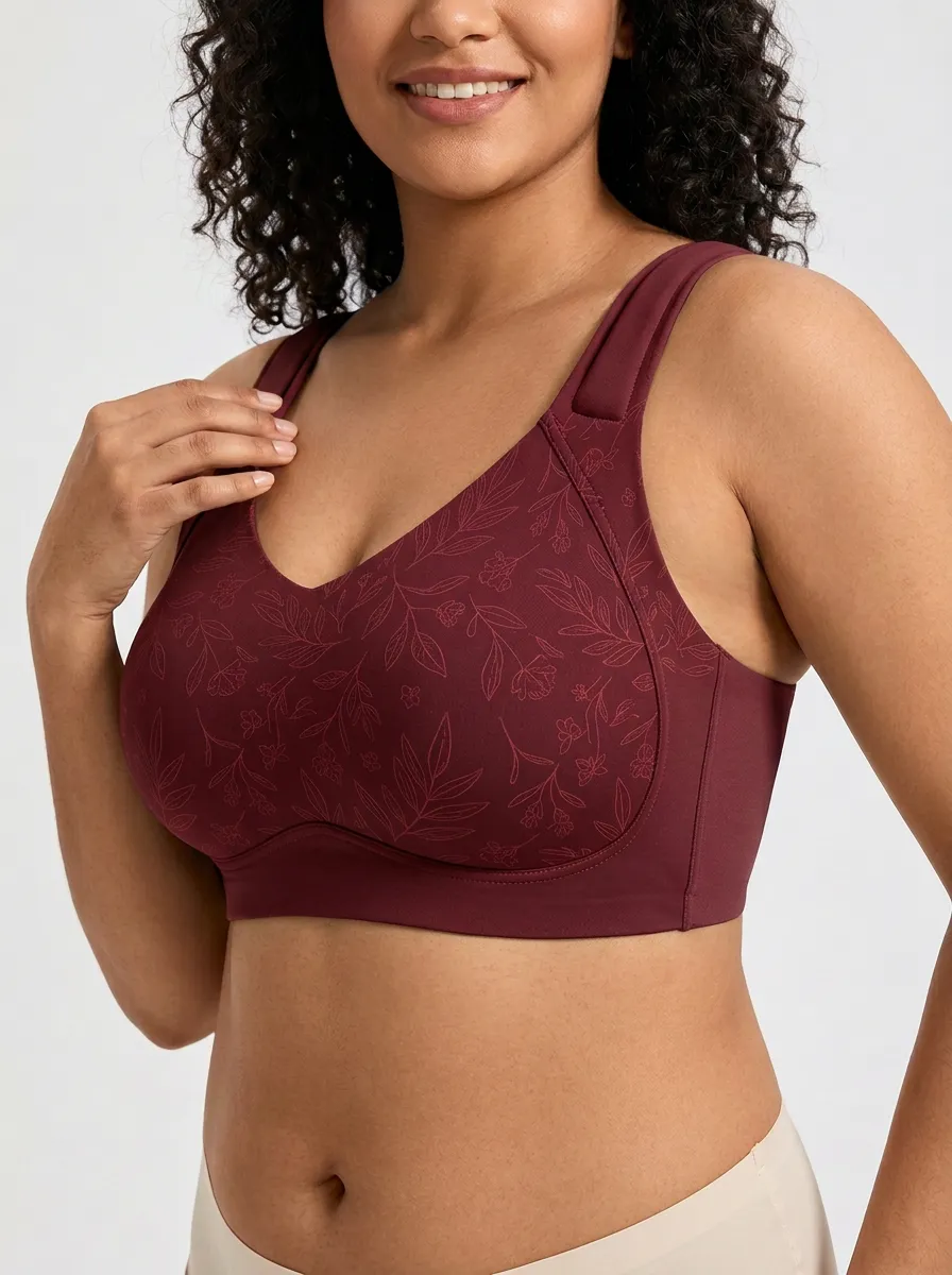 Women's Plus Size Sage Green Floral Outline Full-Coverage V-Neck Wireless Bra
