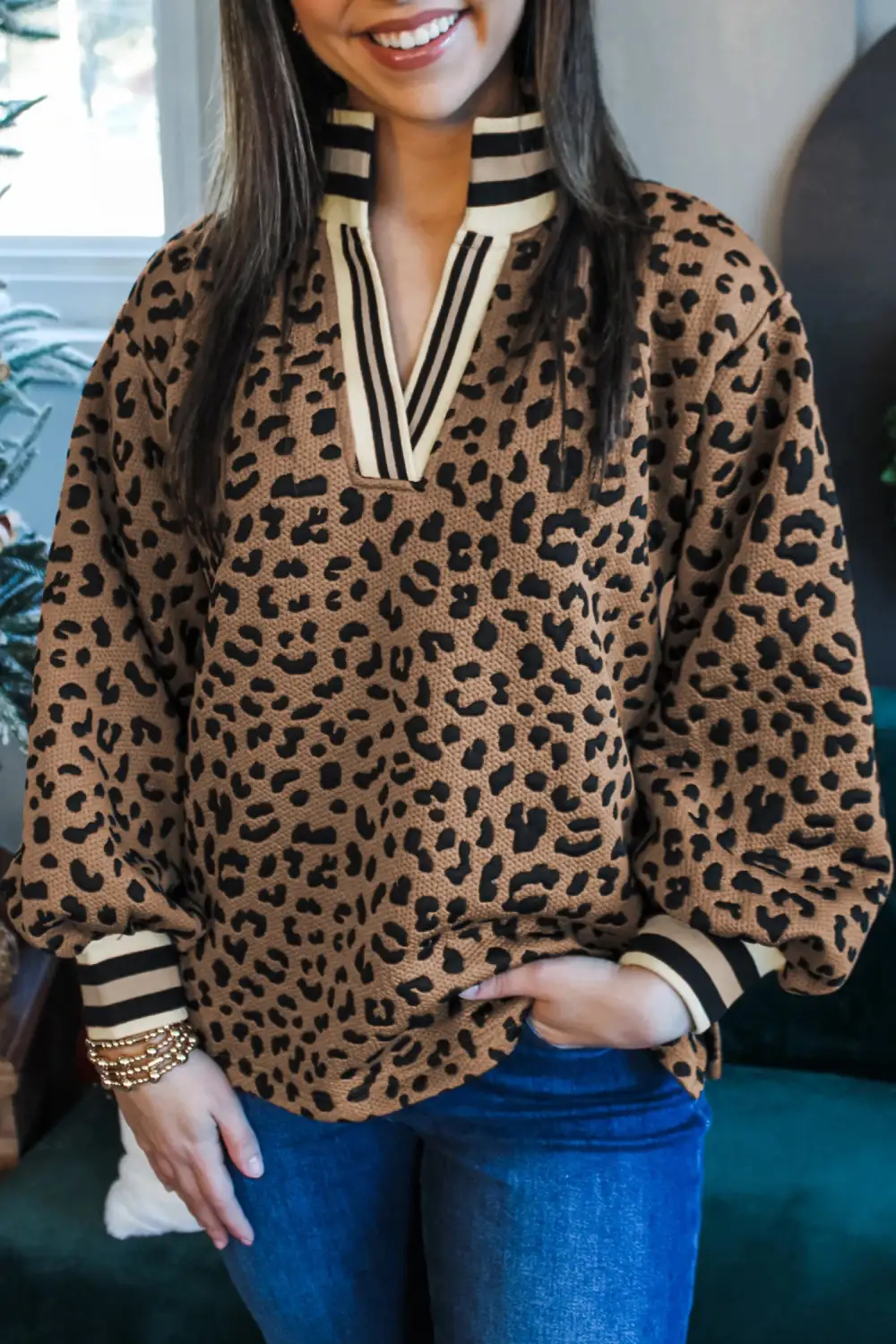 Leopard Print V Neck Ribbed Relaxed Stretch Fabric Long Sleeve Top