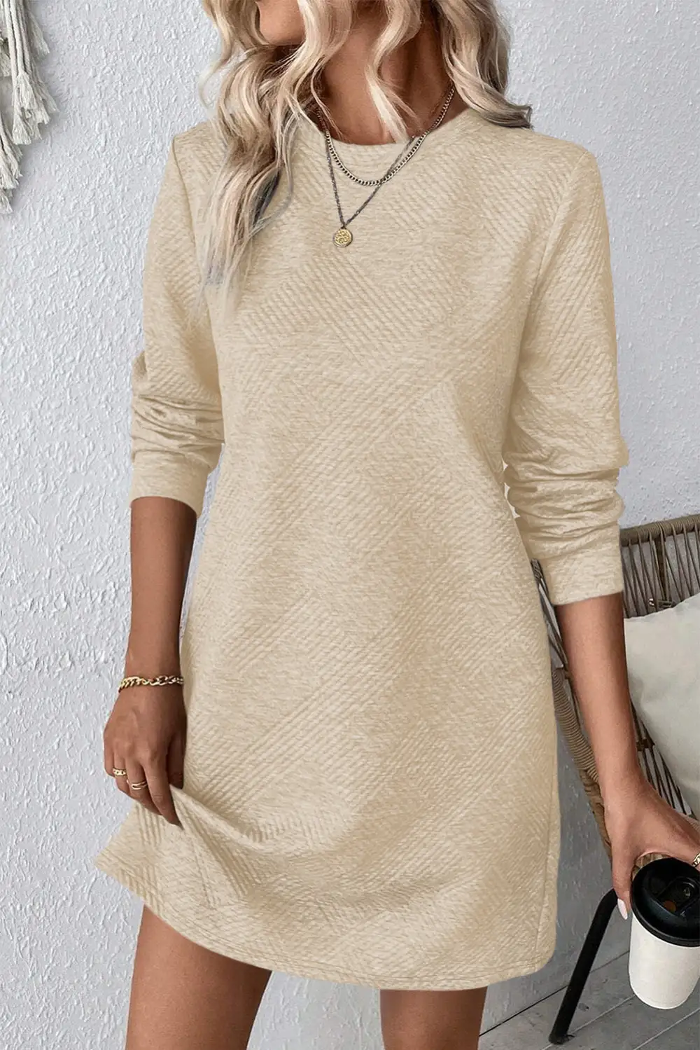 Classic Solid Color Textured Long Sleeve Shift Dress