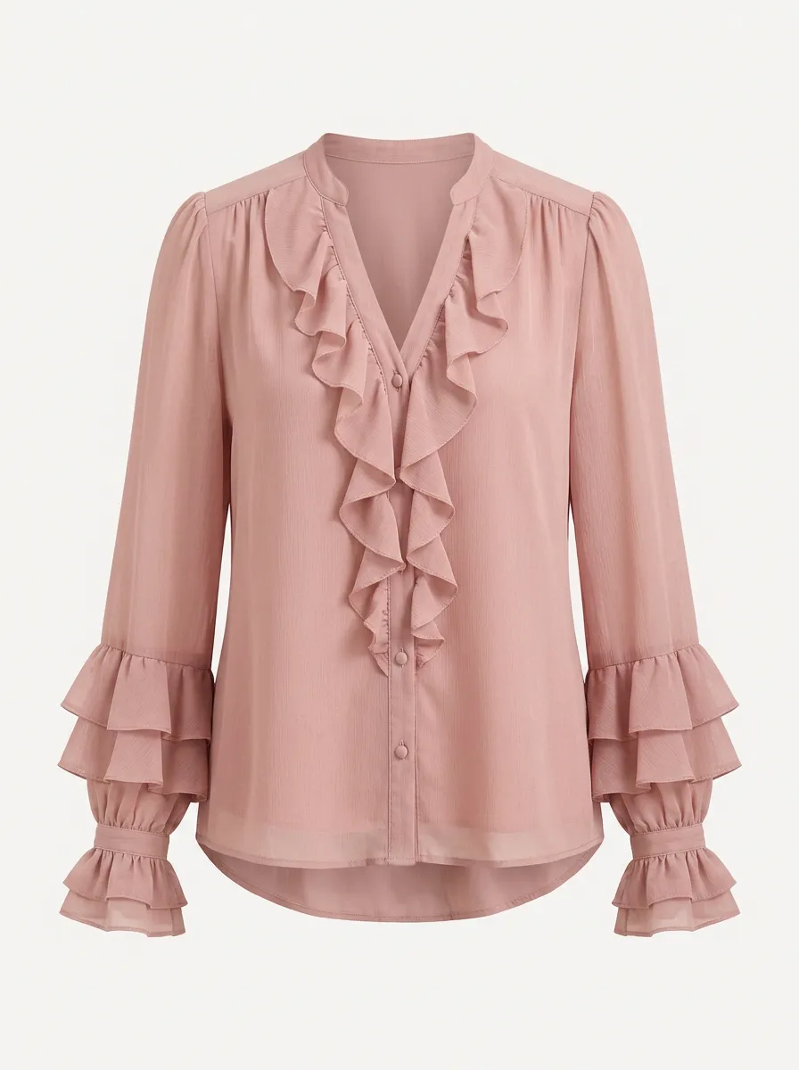 Women's Pink Ruffle Trim V-Neck Layered Sleeve Blouse