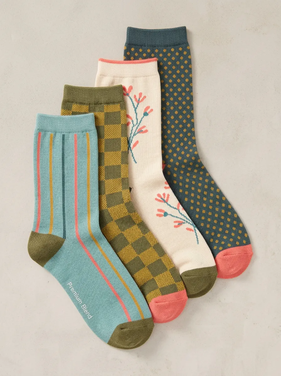 Daily Floral Checkered Essential Women's Four Pair Socks