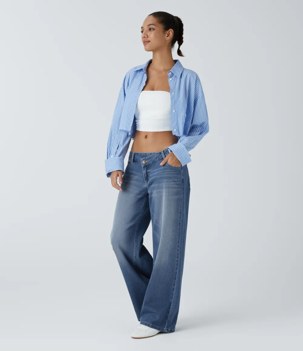 Asymmetric Low Rise Zipper Pockets Baggy Wide Leg Washed Casual Jeans