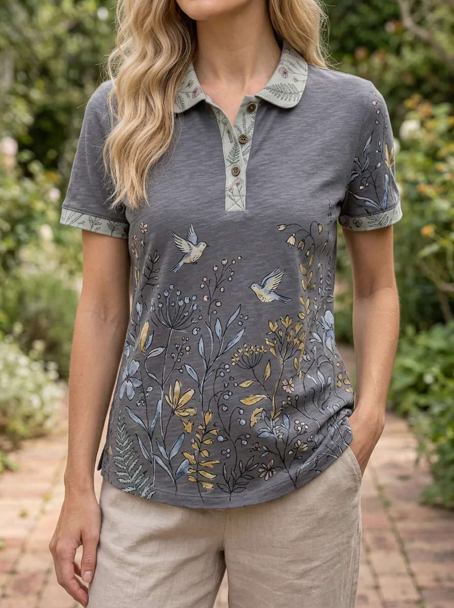 Women's Modern Nature Lover Bird and Wildflower Polo Shirt