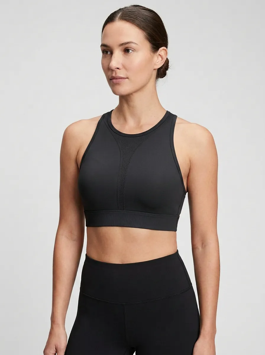 Women's High-Neck Racerback Mesh-Panel Ribbed Sports Bra