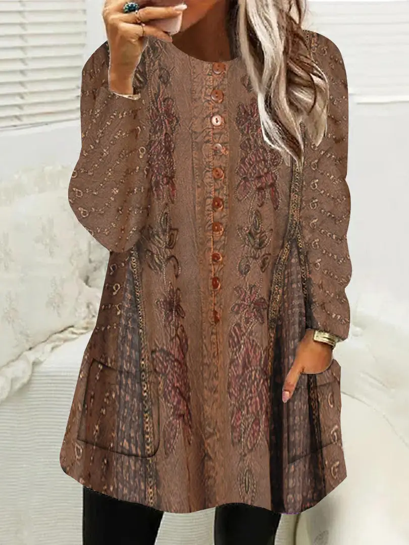 Women Long Sleeve Scoop Neck Printed Button Pockets Fleece Lined Tops