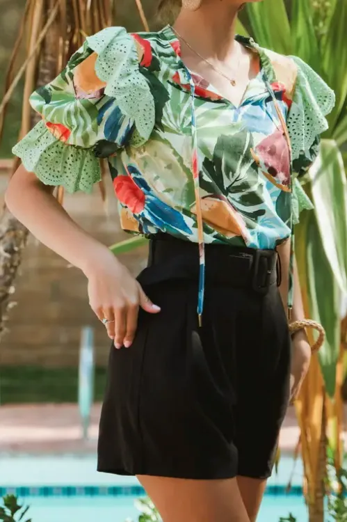 Tropical Print Layered Ruffle Blouse
