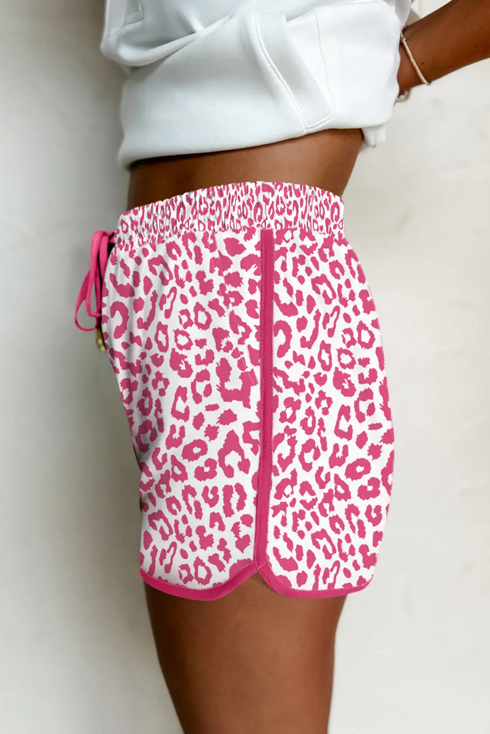 Leopard Elastic Waist Lace Up Contrast Trim Casual Shorts