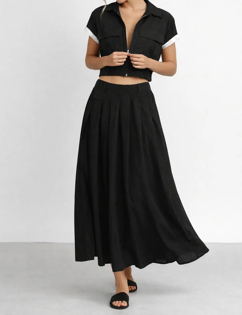 Zip Up Utility Pocket Jacket Top and Maxi Skirt Matching Set