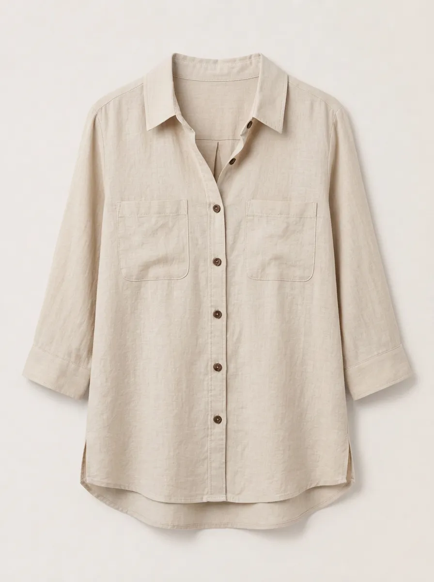 Women's Casual Beige Cotton Linen Button Down 3/4 Sleeve Shirt