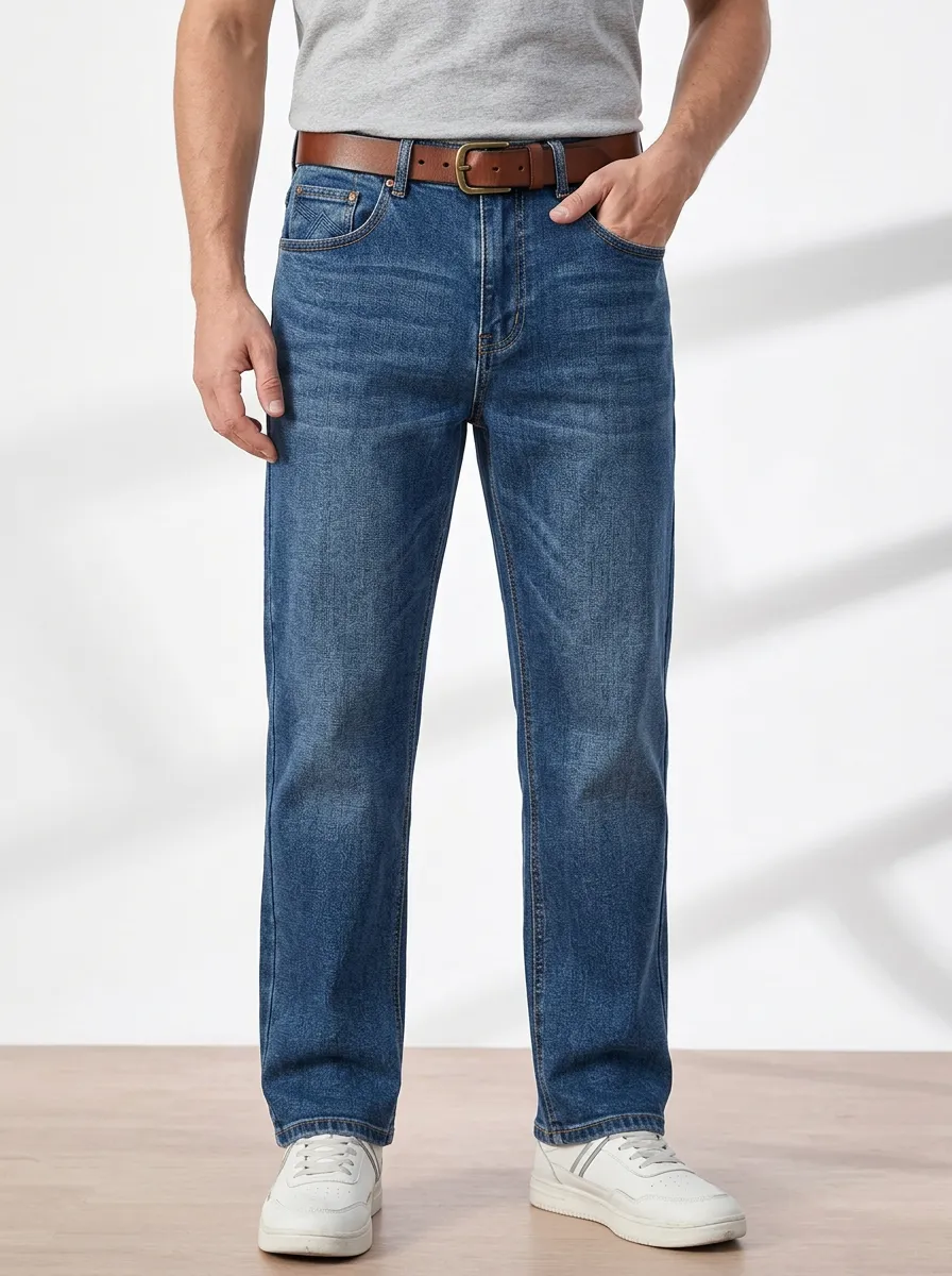 Men's Casual Classic Blue Denim Straight Leg Jeans