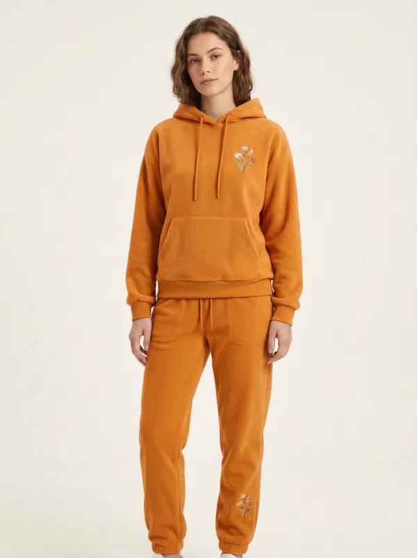 Women's Floral Embroidered Hoodie And Tapered Jogger Fleece Lounge Set