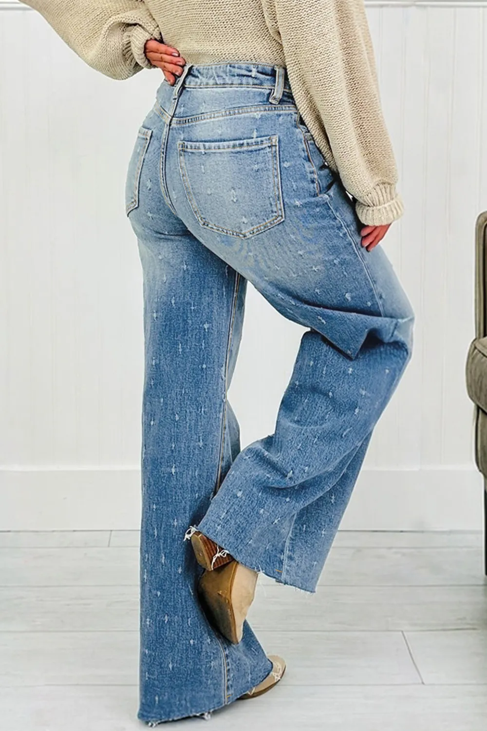 Pale Blue Distressed Raw Hem Jeans