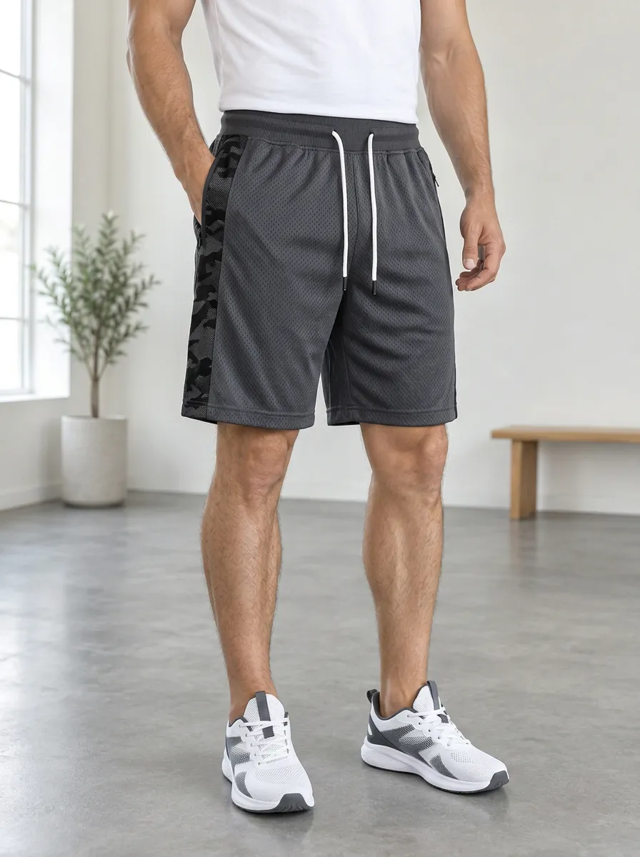 Men's Athletic Gym Camo Side Panel Printed Mesh Shorts