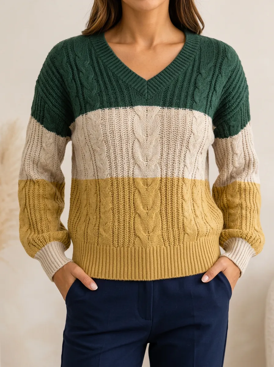 Contemporary Cable Knit Sweater Top Featuring Colorblock and V Neck