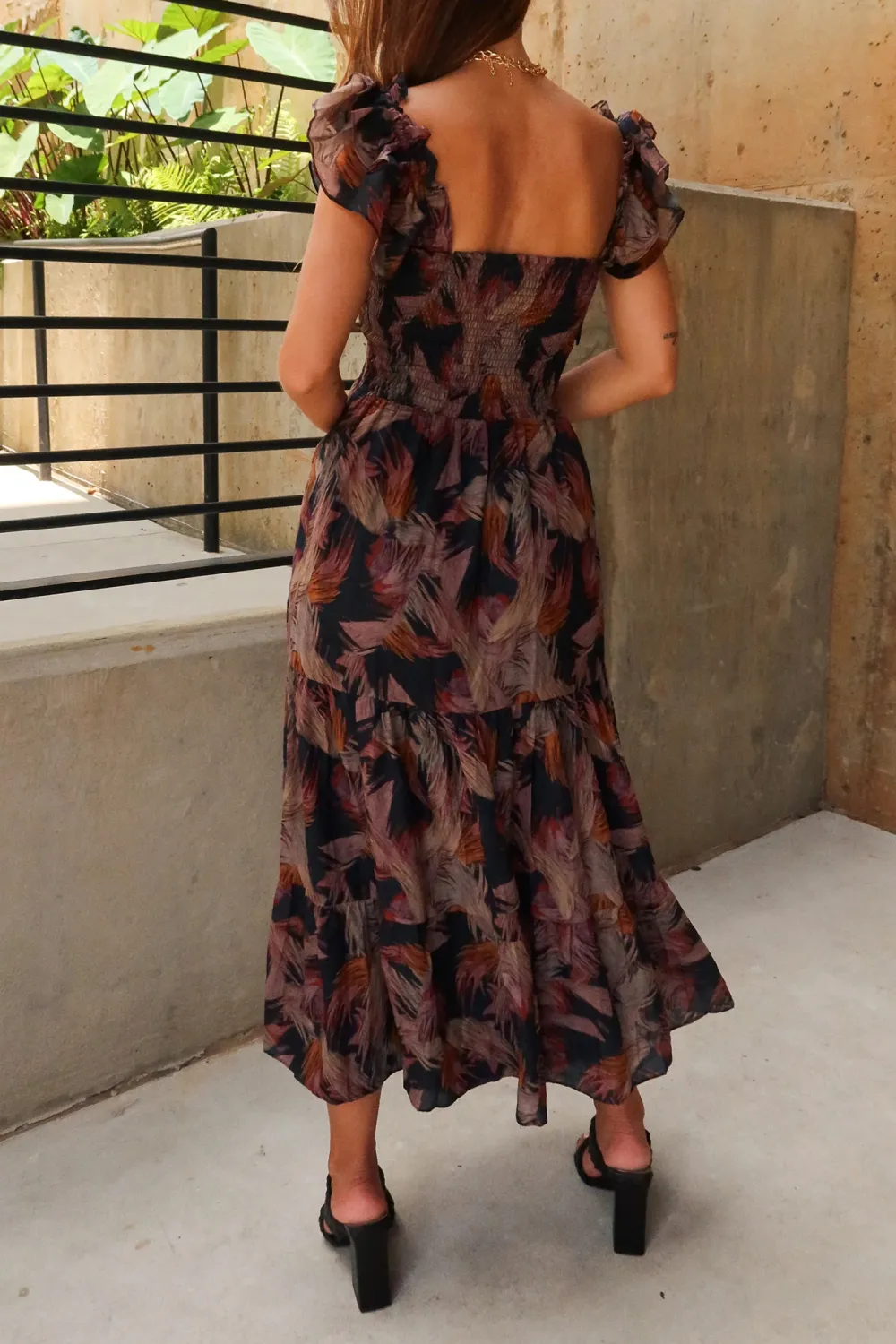 Tiered Print Off Shoulder Midi Dress