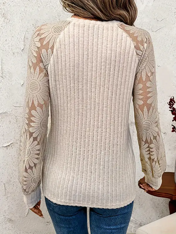 Long Sleeve Relaxed Sheer Panel Detail Round Neck T-Shirt