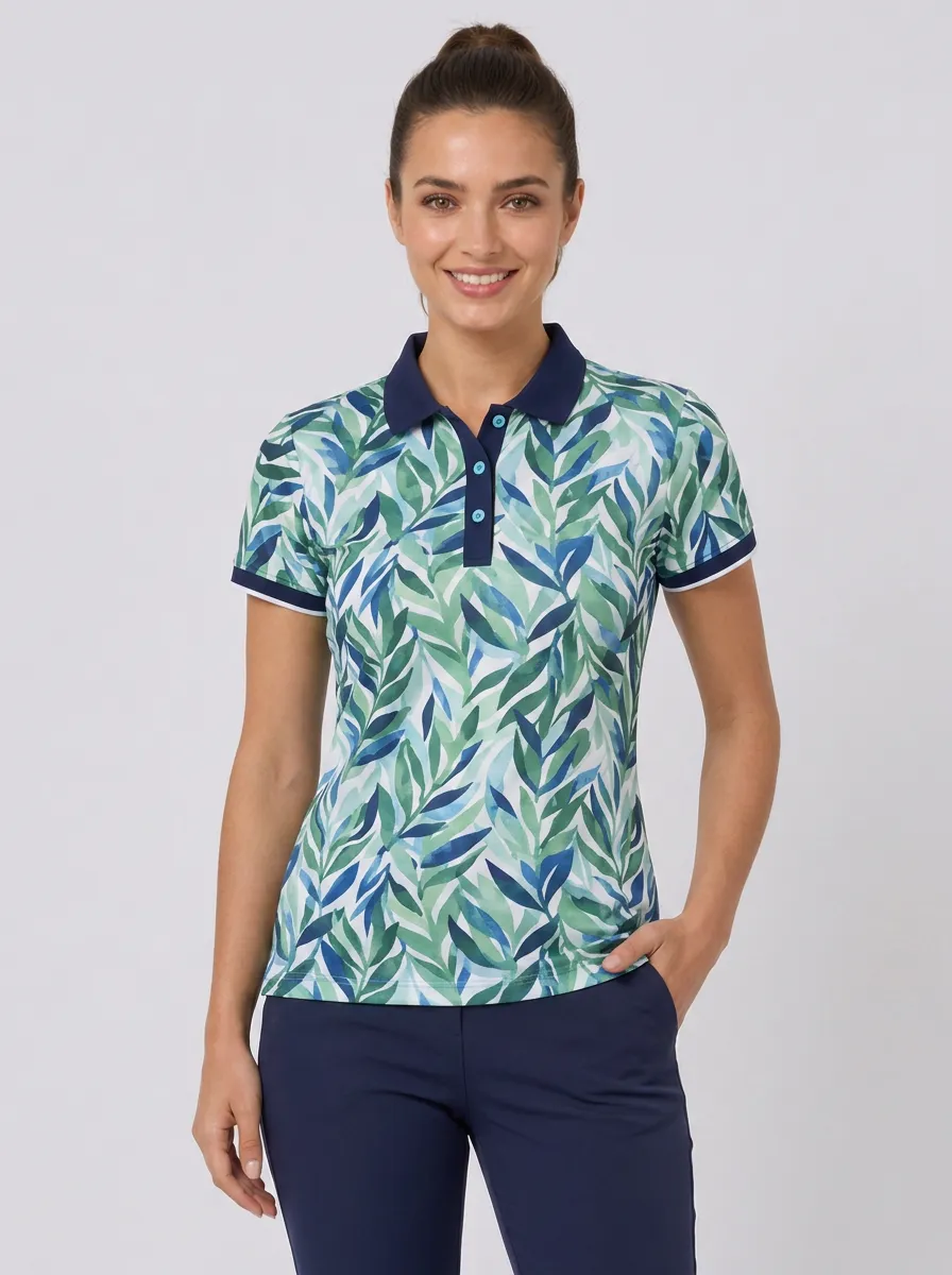 Women's Botanical Nature Lover Green Leaf Printed Polo Shirt