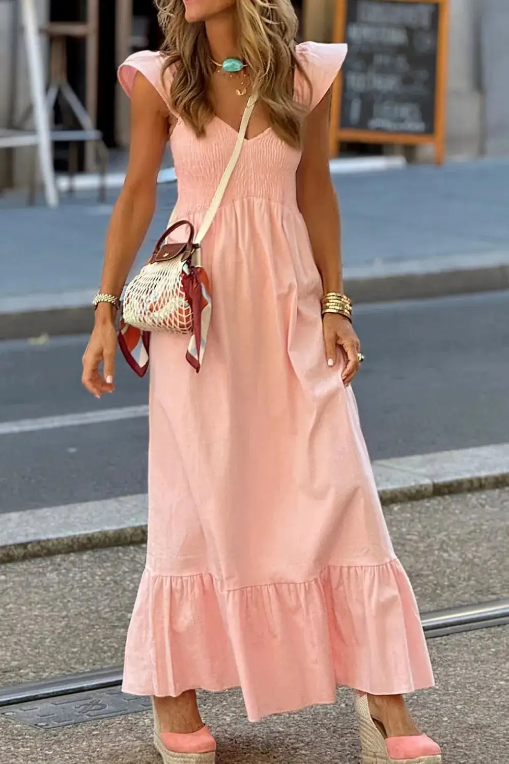 Relaxed Ruffle Trim Smocked Dress