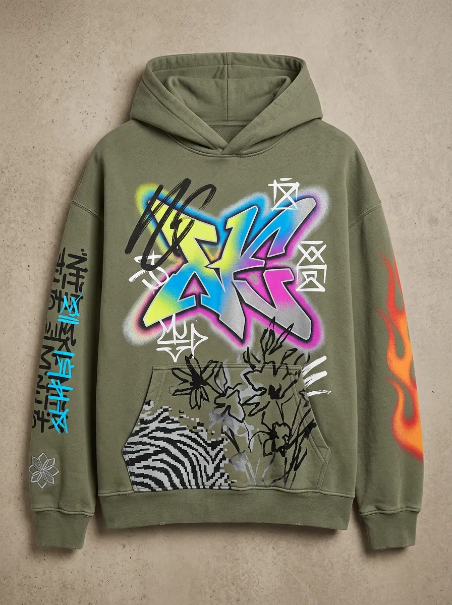 Unisex Graffiti Logo Flame Sleeve Graphic Hoodie