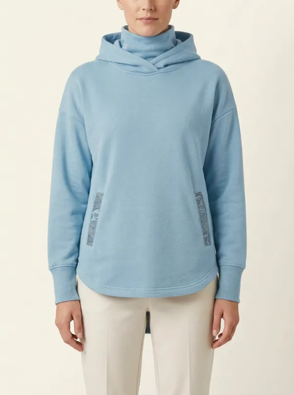 Women's Wave-Trim Rounded-Pocket Funnel-Neck Hoodie