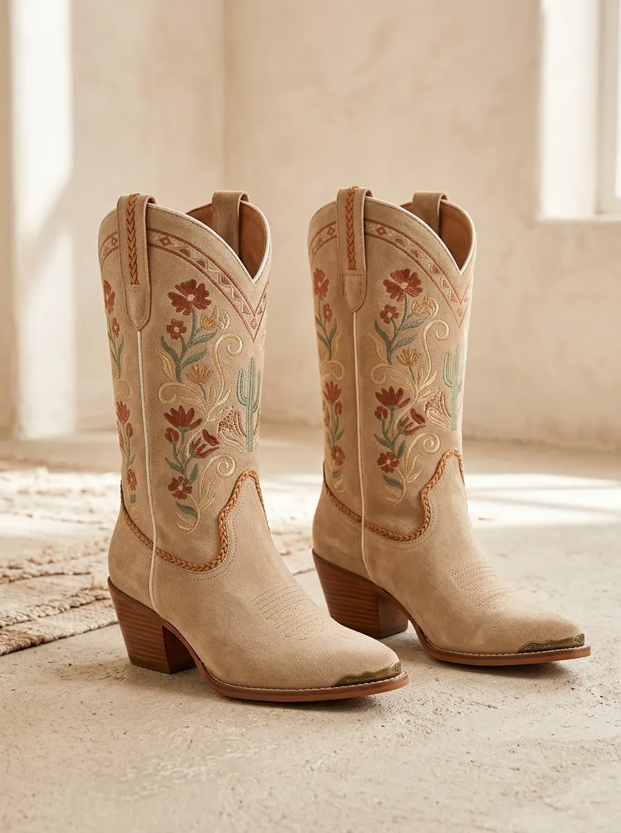 Unisex High-Plains Cactus Floral Embroidered Country Western Cowboy Boots