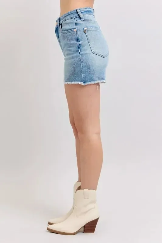 High-Waist Western Embroidery Cutoff Denim Shorts