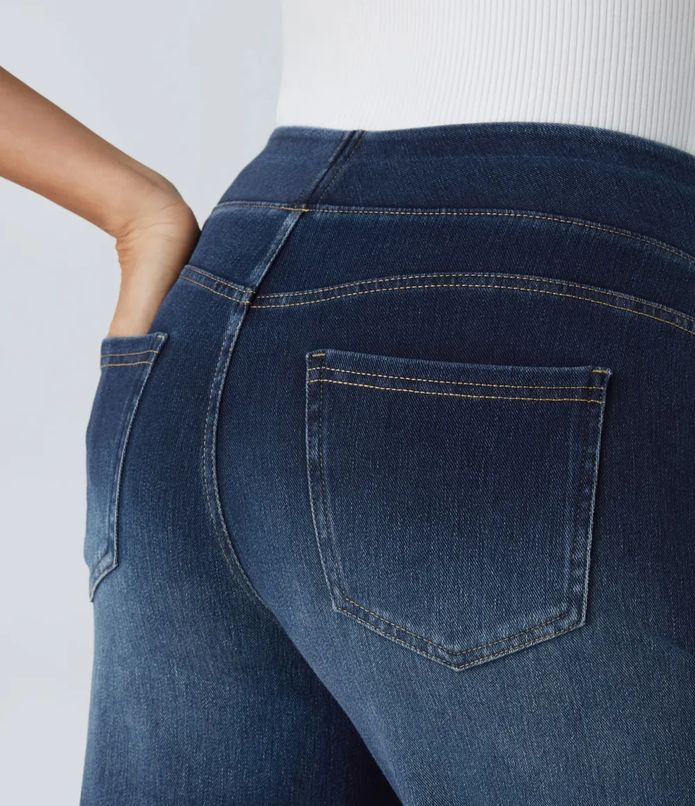 Magic High Waisted Multiple Pockets Wide Leg Washed Stretchy Knit Casual Jeans