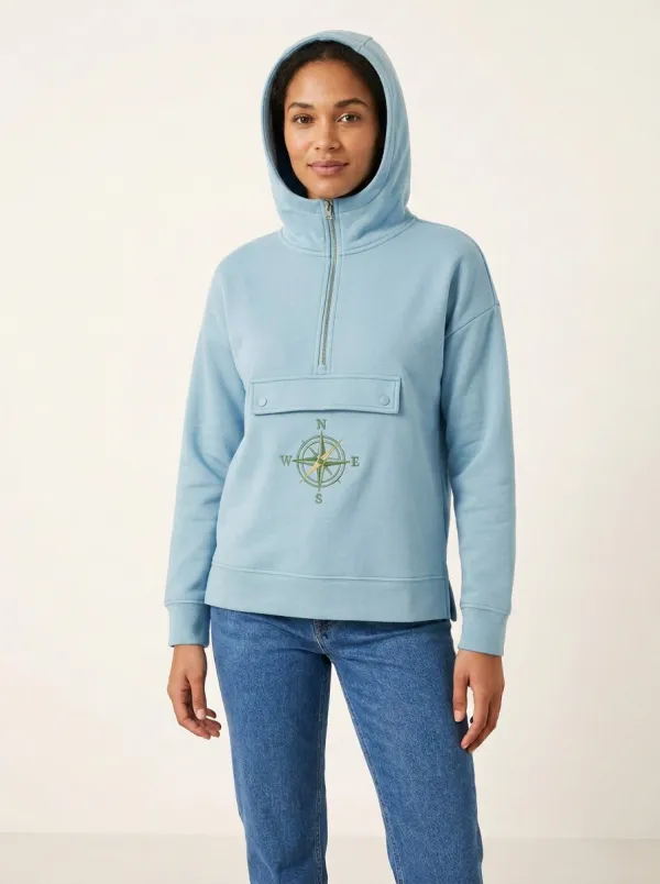 Women's Compass-Embroidered Half-Zip Snap-Flap Hoodie