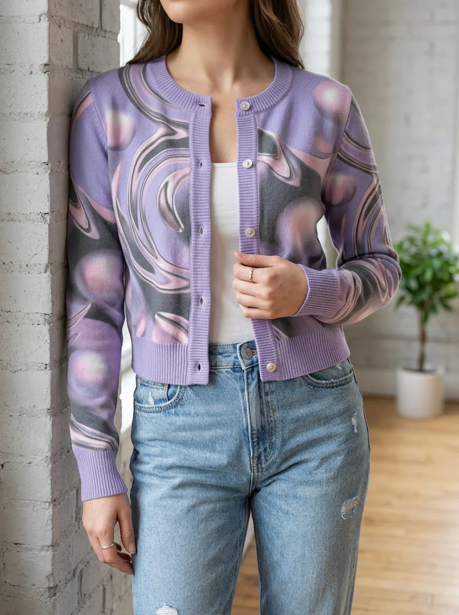 Women's Y2K Aesthetic Swirl Printed Textured Knit Weekend Layering Cardigan