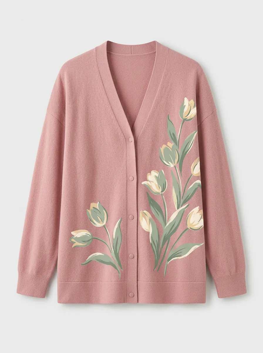 Women's V-Neck Graphic Floral Ribbed Cardigan