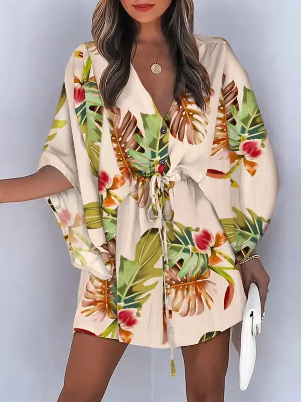 Original Relaxed Floral Printed Tied Buttoned Mini Shirt Dress