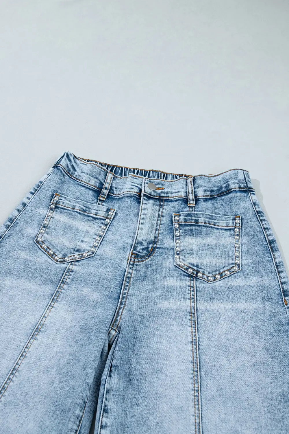 Women's Frayed Studded Detail Wide Leg Pocketed Jeans