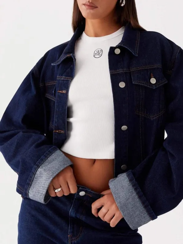 Button-Down Cropped Oversized Denim Jacket