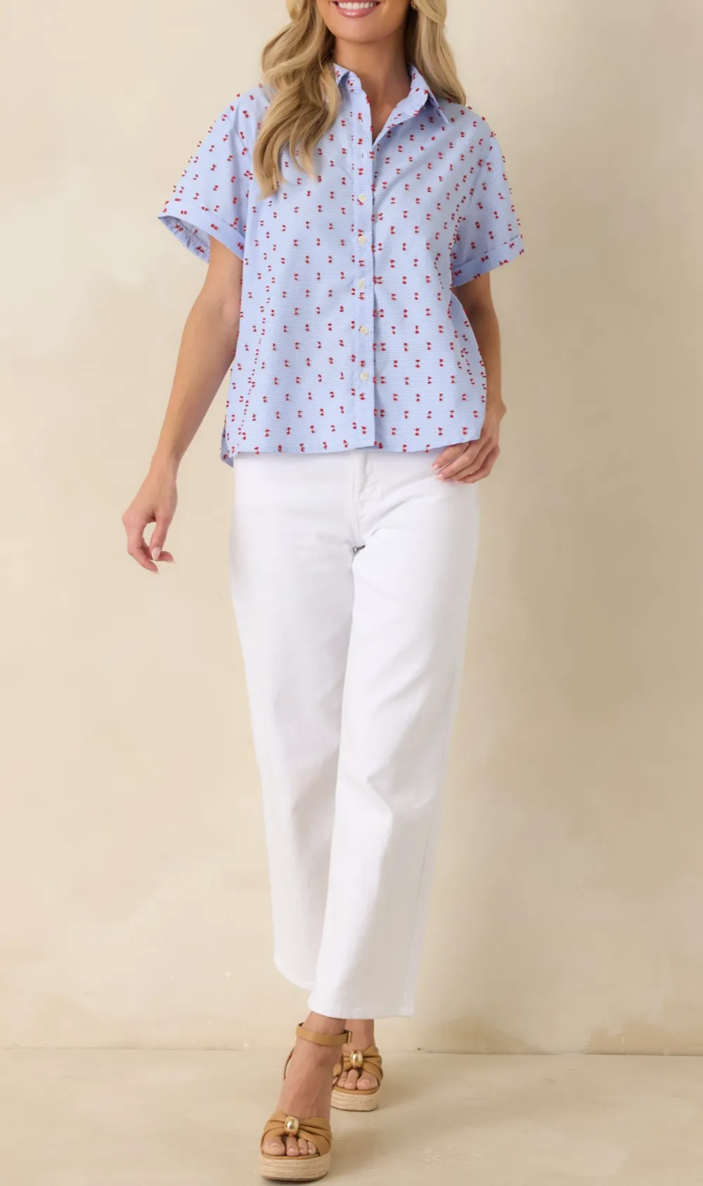 Button-Up Button-Front Short-Sleeve Collared Top