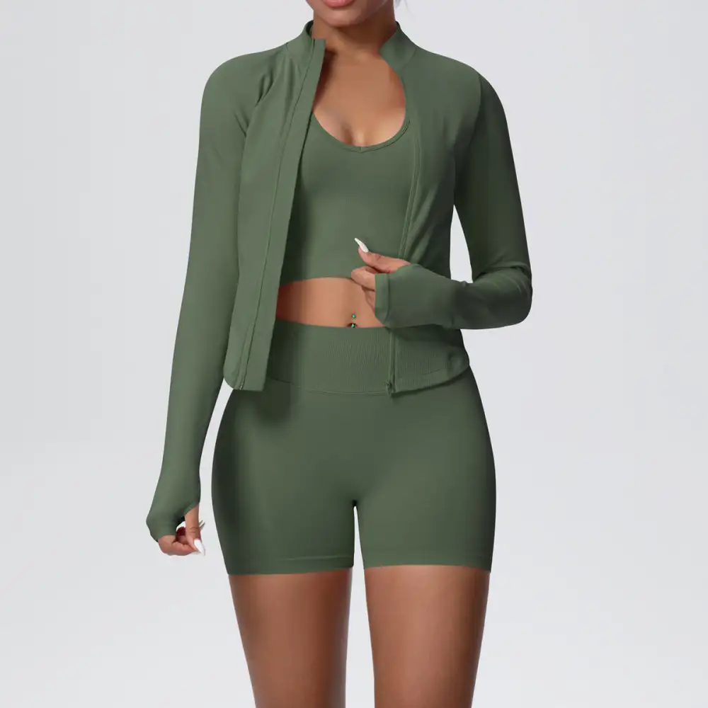Long-Sleeve High-Waist Jacket, Bra and Vest Active Set