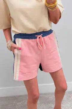 Color Block Patchwork Varsity Striped Detail Drawstring Elastic Waist Shorts
