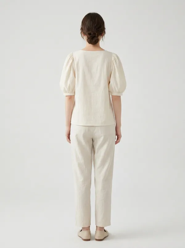 Floral Square-Neck Button-Front Women's Puff-Sleeve Blouse