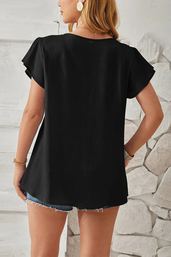 Texture V Neck Flare Sleeves Blouse