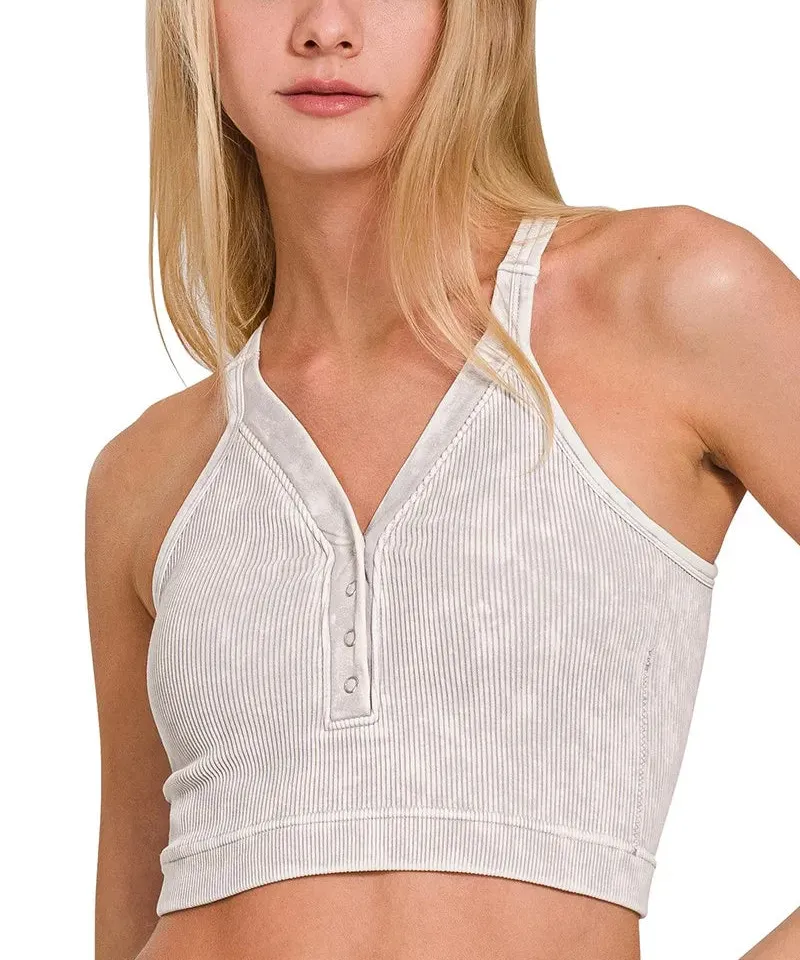 Refined V-Neck Buttoned Slim Ribbed Tank Top