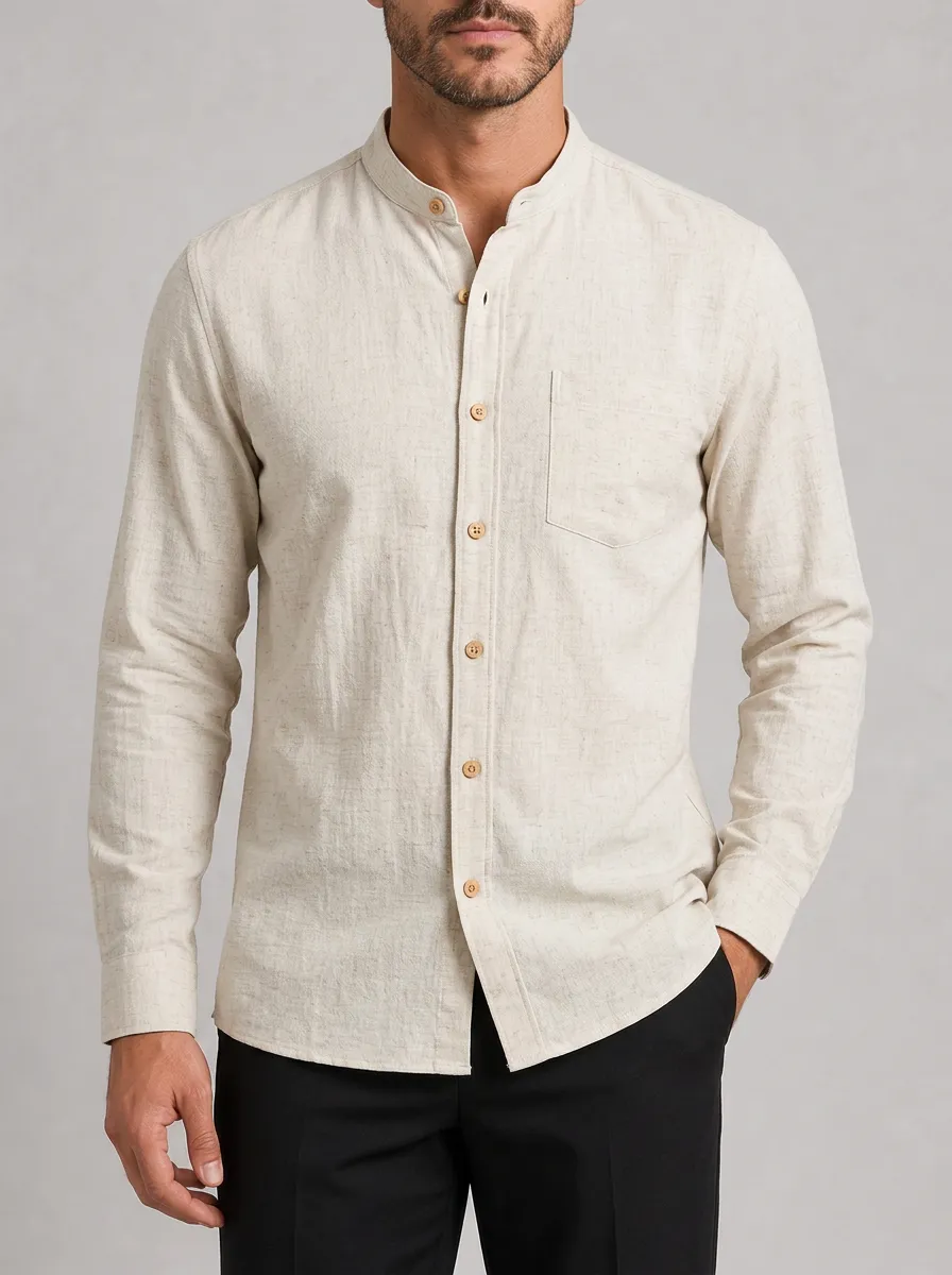 Men's Casual Beige Linen Blend Mandarin Collar Long Sleeve Shirt