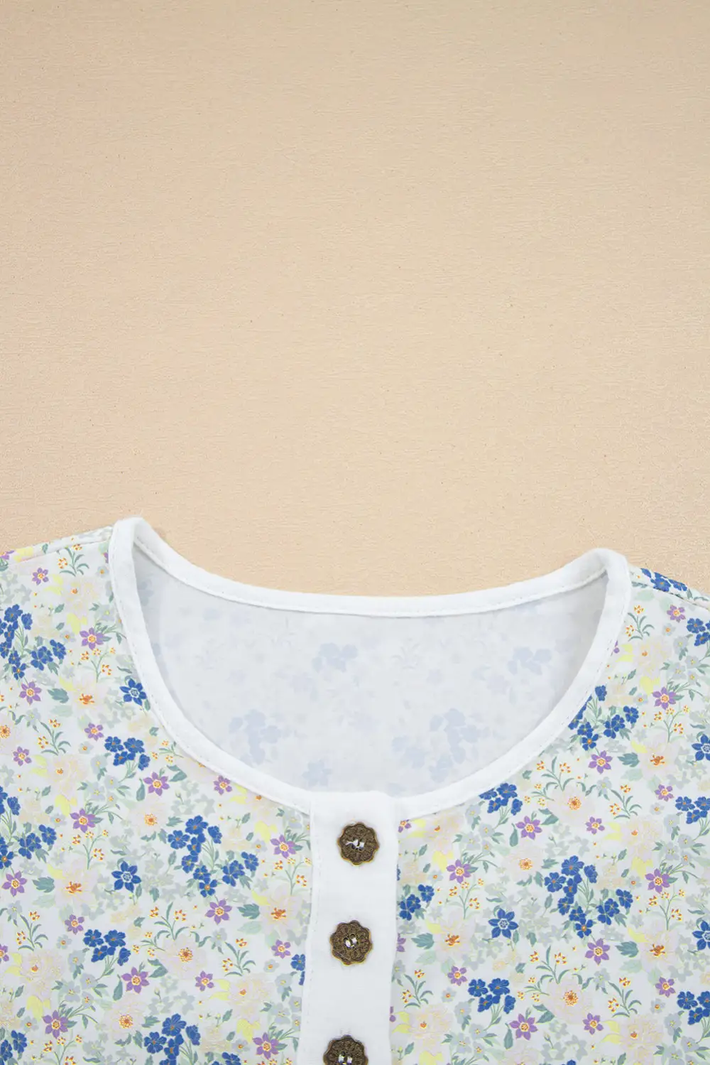 Sky Blue Floral Print Gauze Patchwork Henley Button 3/4 Sleeve Blouse