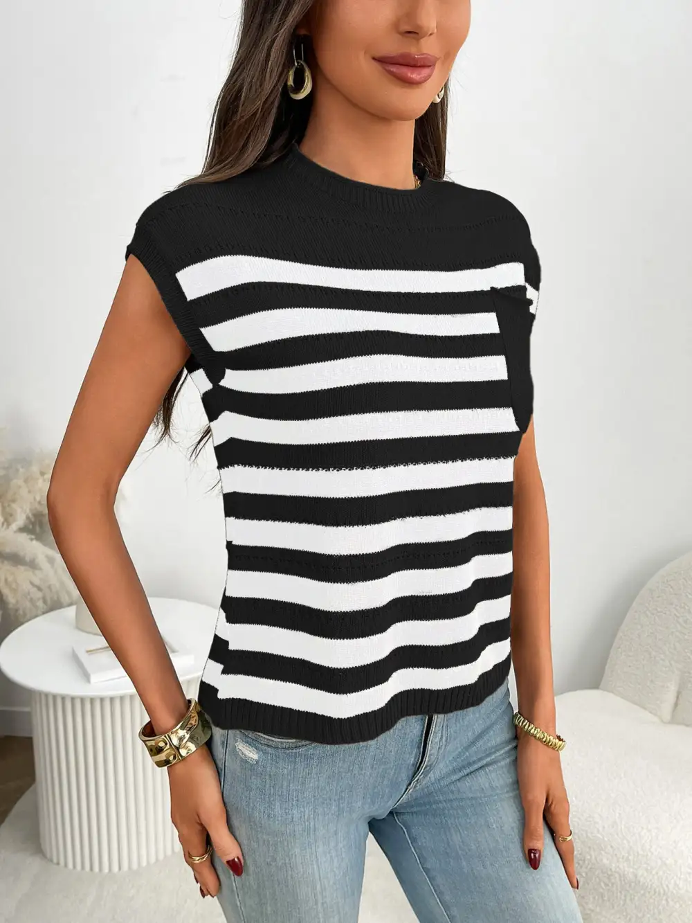 Striped Knit Pocket Detail Cap Sleeve Sweater