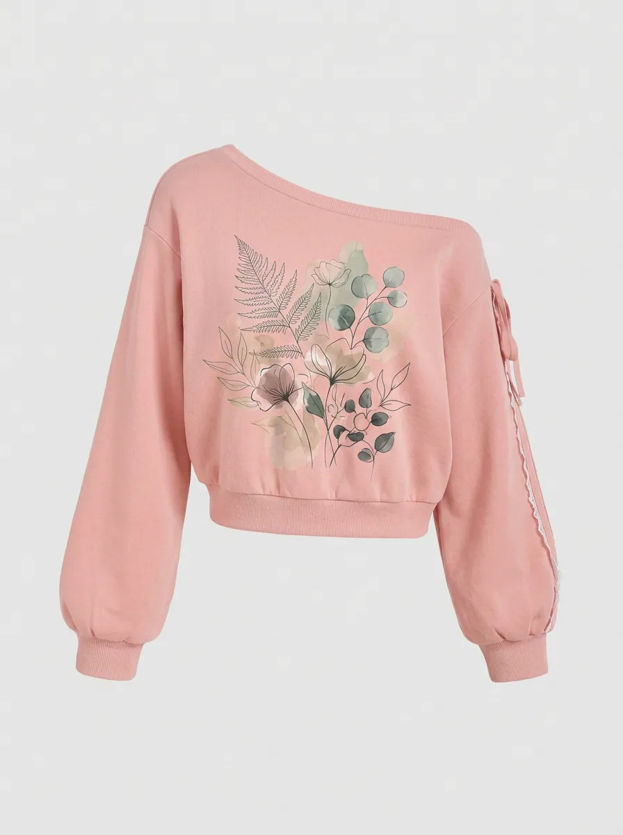 Women's Botanical Nature Lover Watercolor Floral Printed Off-Shoulder Sweatshirt
