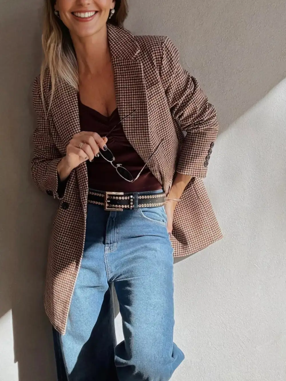 Lapel-Collar Houndstooth Blazer